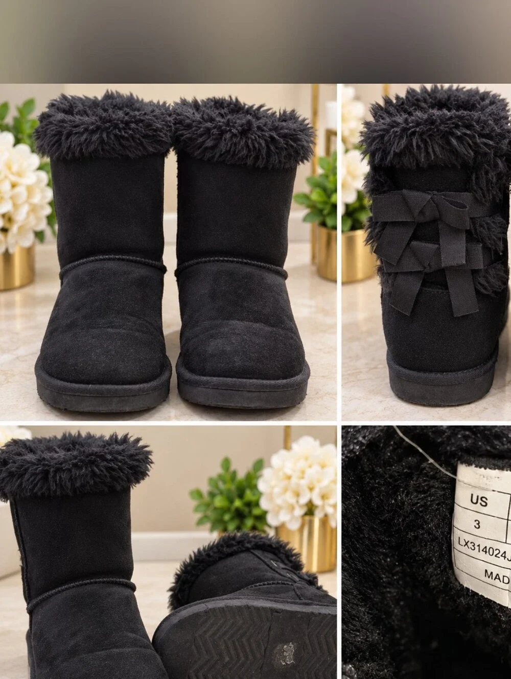 Black Faux Fur Bow Winter Boots – Girls Size 3